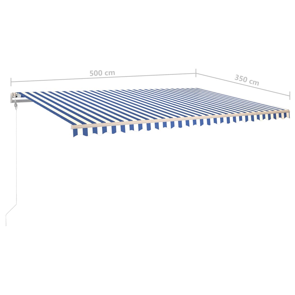 Ръчно прибиращ се сенник с LED, 5x3,5 м, синьо и бяло