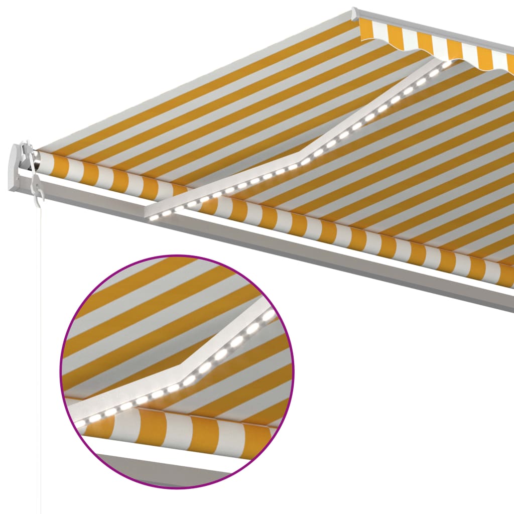 Ръчно прибиращ се сенник с LED, 5x3,5 м, жълто и бяло