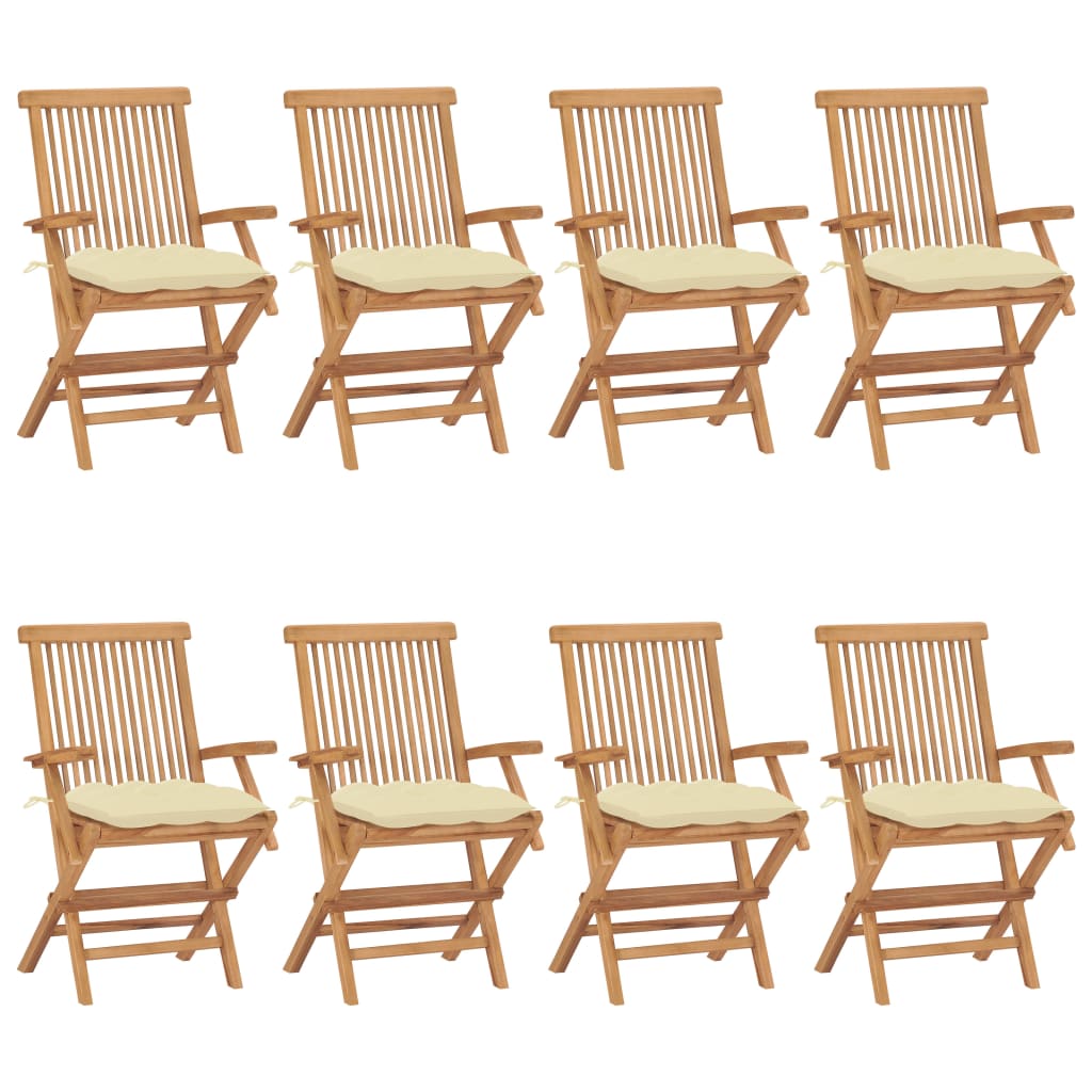 Градински столове с кремавобели възглавници 8 бр тик масив