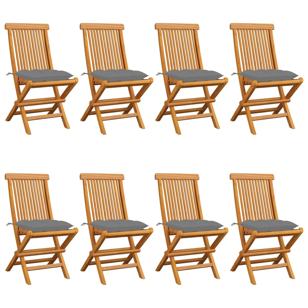 Градински столове със сиви възглавници 8 бр тик масив