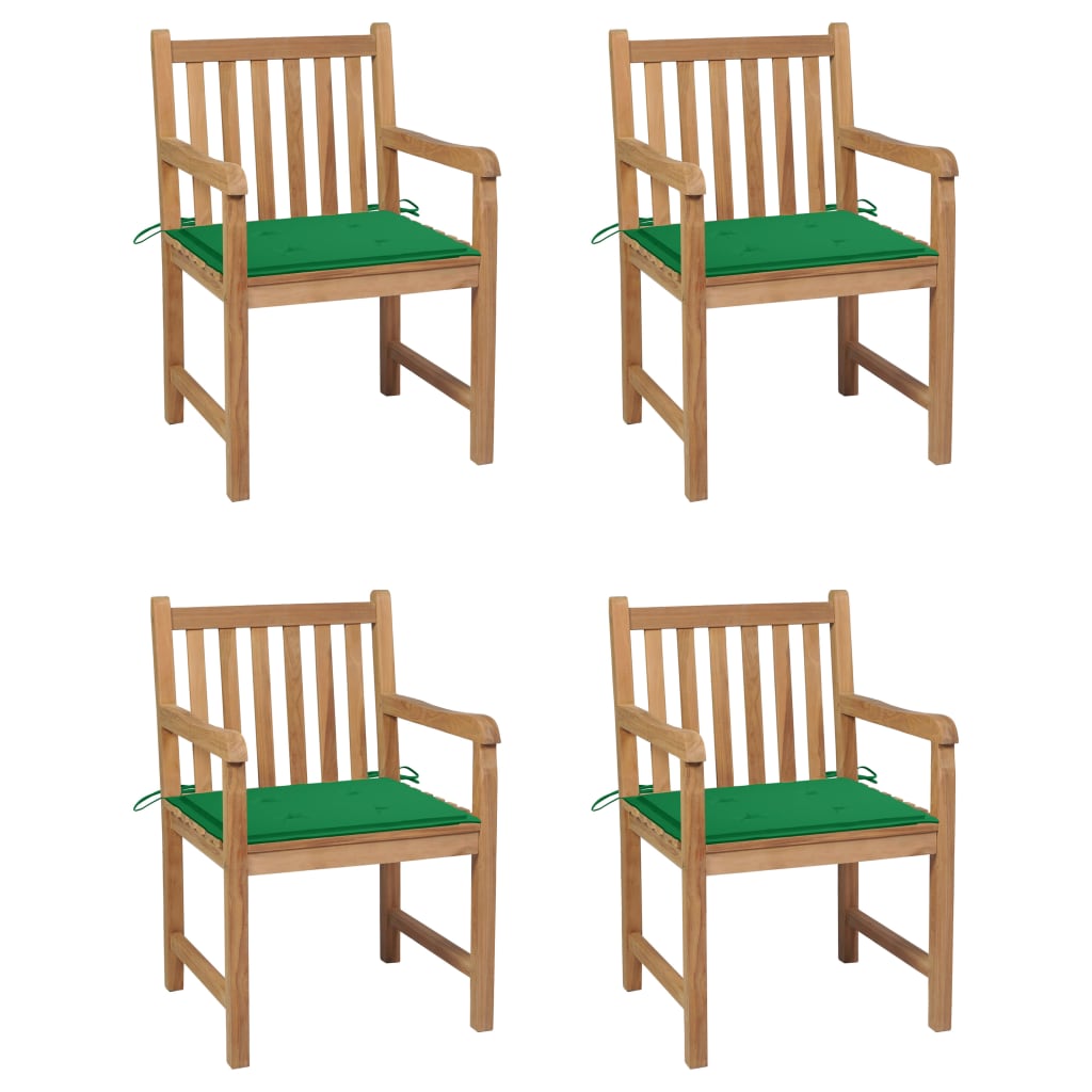 Градински столове, 4 бр, зелени възглавници, тиково дърво масив