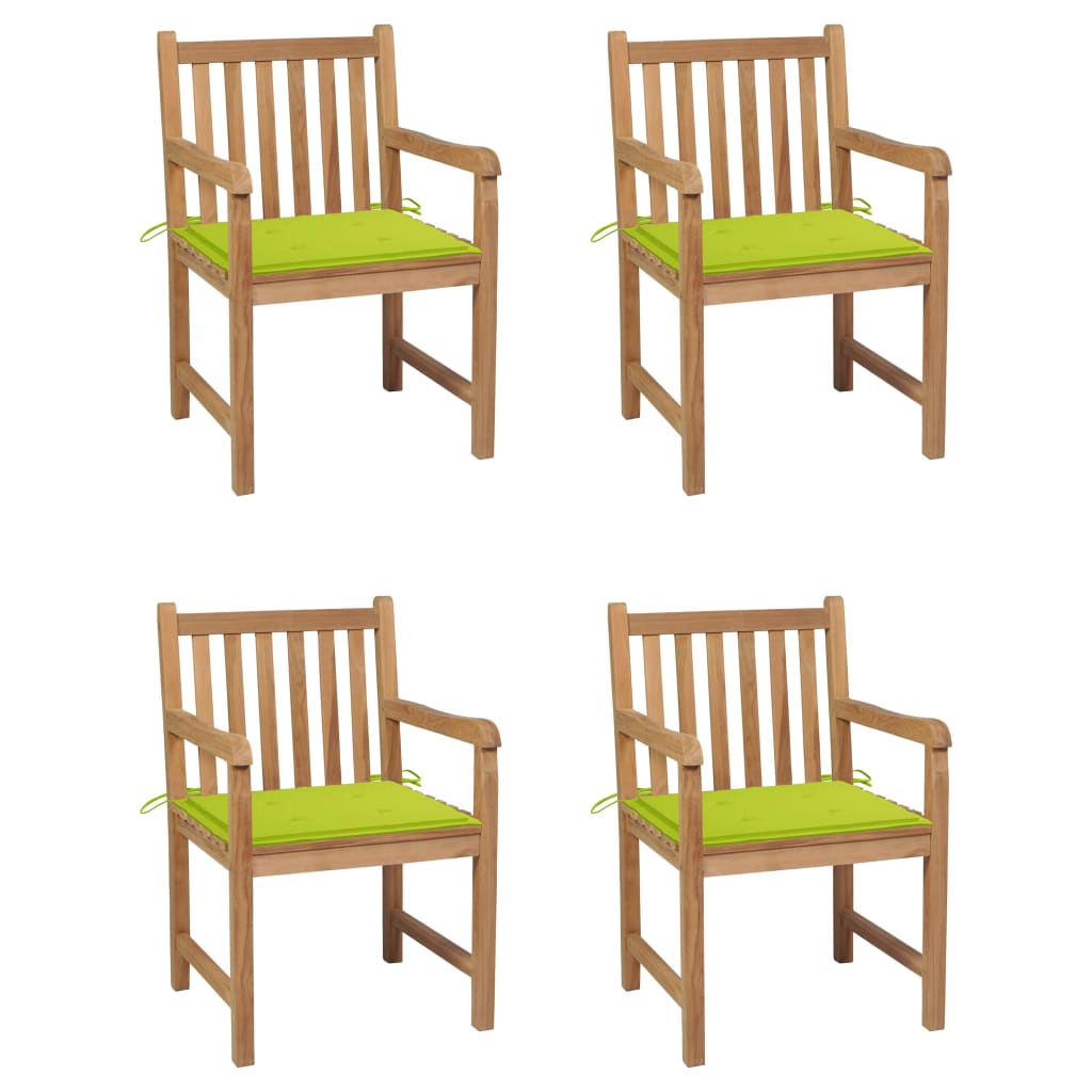 Градински столове, 4 бр, с яркозелени възглавници, тик масив