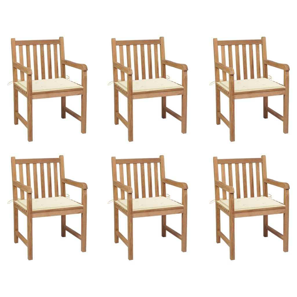 Градински столове 6 бр с кремави възглавници тиково дърво масив