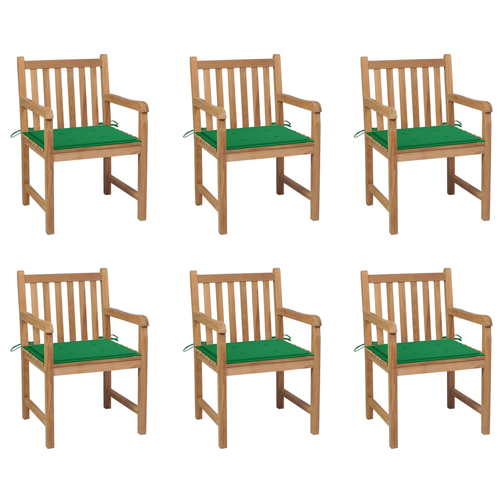 Градински столове, 6 бр, зелени възглавници, тиково дърво масив