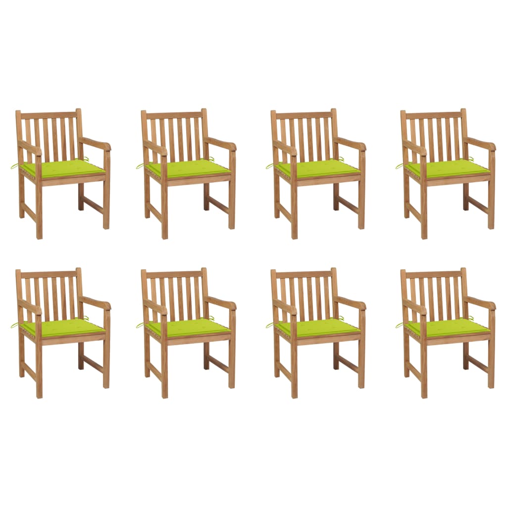Градински столове, 8 бр, с яркозелени възглавници, тик масив