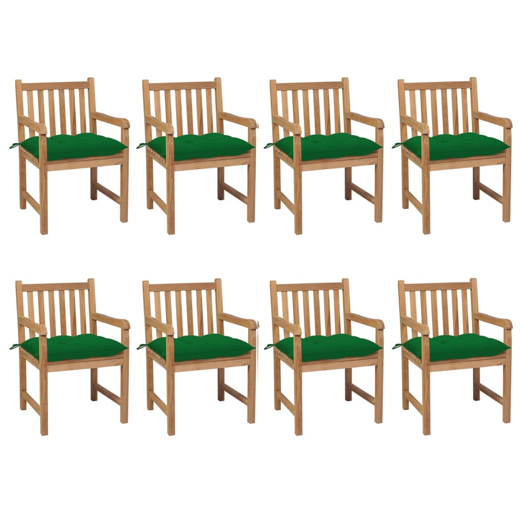 Градински столове, 8 бр, зелени възглавници, тиково дърво масив