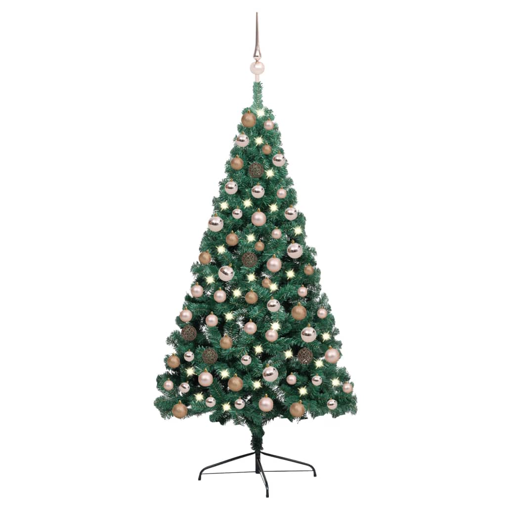 Изкуствена половин коледна елха с LED и топки, зелена, 120 см