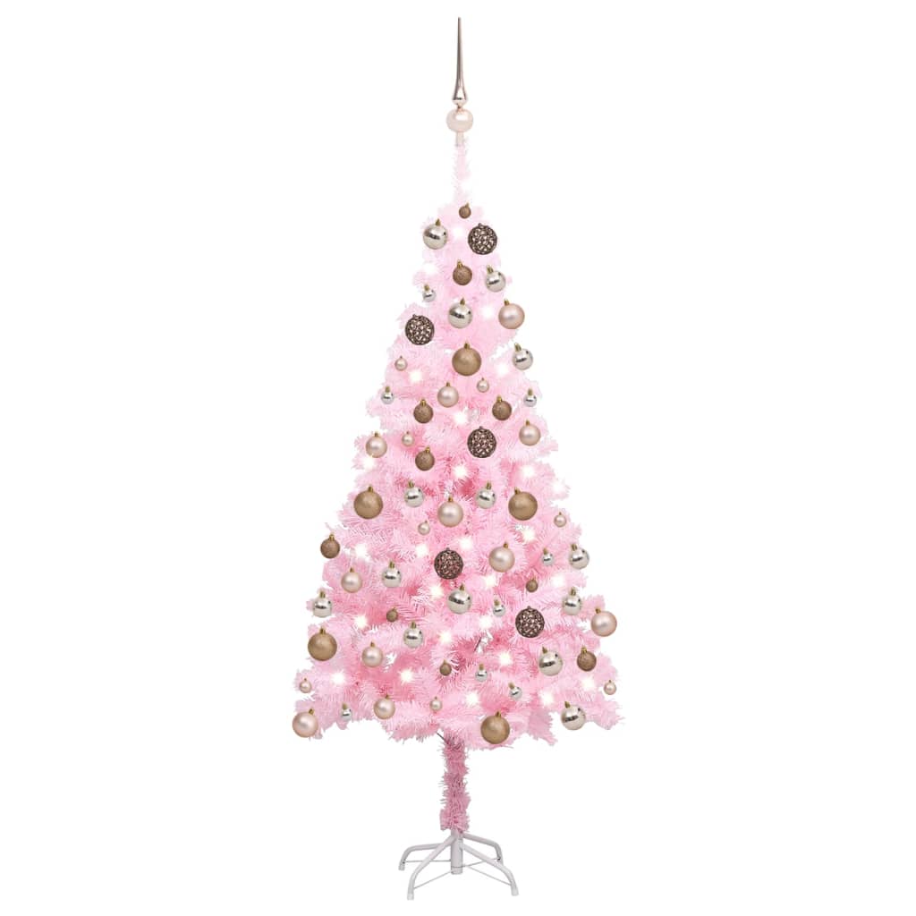 Изкуствена коледна елха с LED и топки, розова, 120 см, PVC