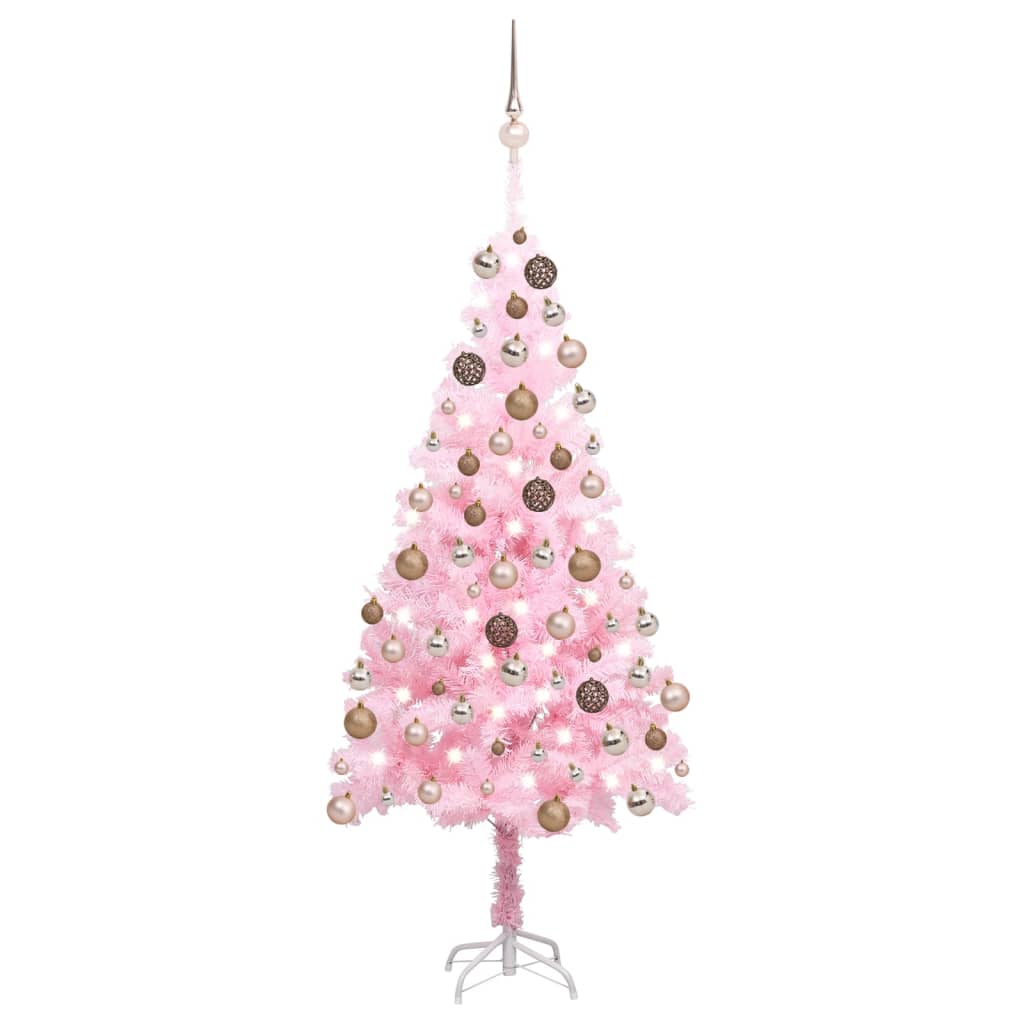 Изкуствена коледна елха с LED и топки, розова, 150 см, PVC 