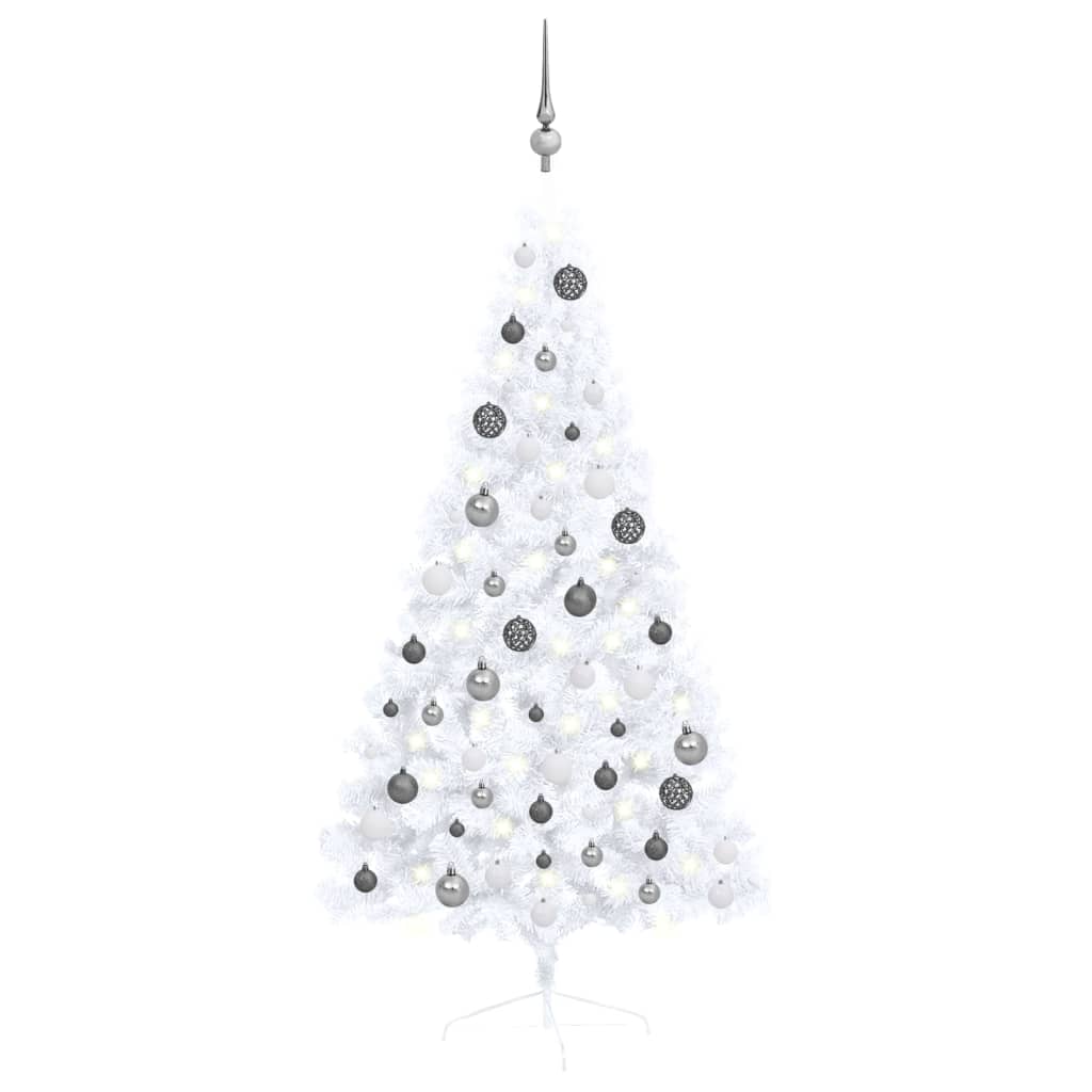 Изкуствена половин коледна елха с LED и топки, бяла, 150 см