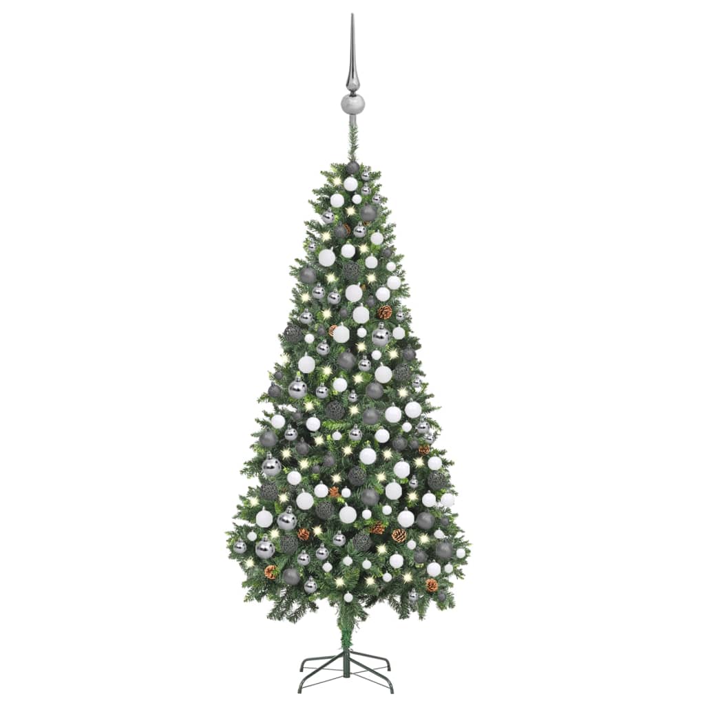 Изкуствена коледна елха с LED, топки и шишарки, бяла, 210 см