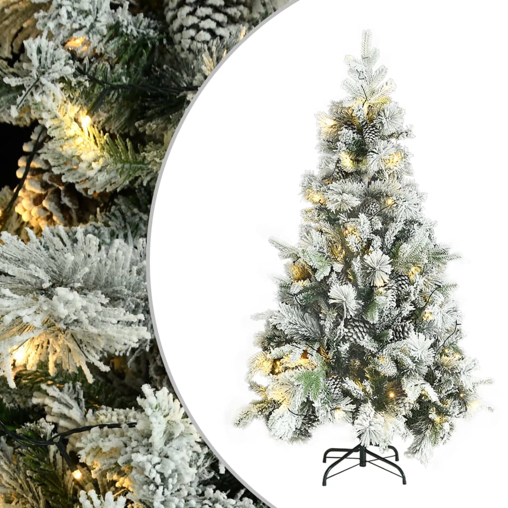 Коледна елха с флокиран сняг, LED и шишарки, 195 см, PVC и PE