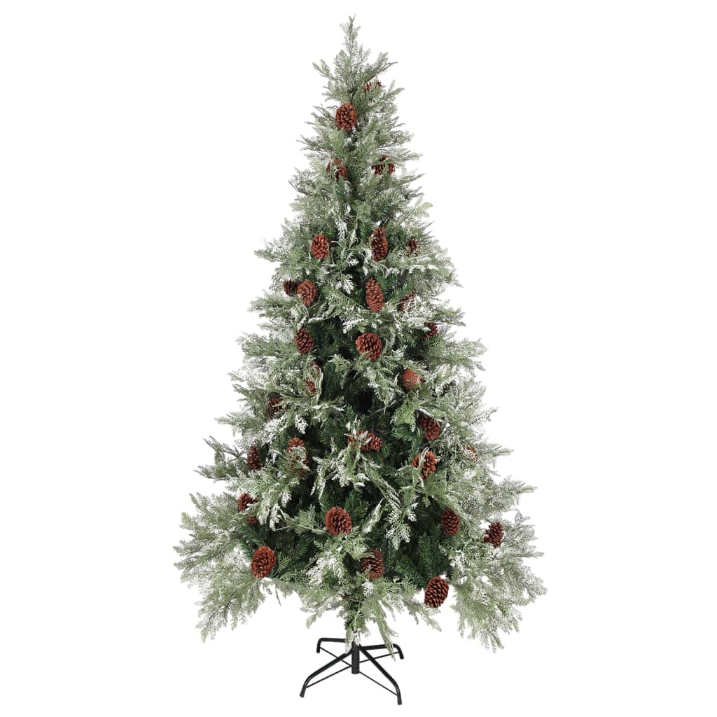Коледна елха с LED и шишарки, зелено и бяло, 225 см, PVC и PE