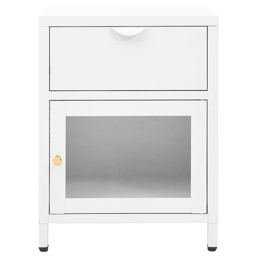 Нощни шкафчета, 2 бр, бели, 40x30x54,5 см, стомана и стъкло