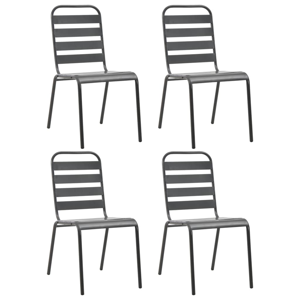 Градински столове, 4 бр, ламелен дизайн, тъмносиви, стомана