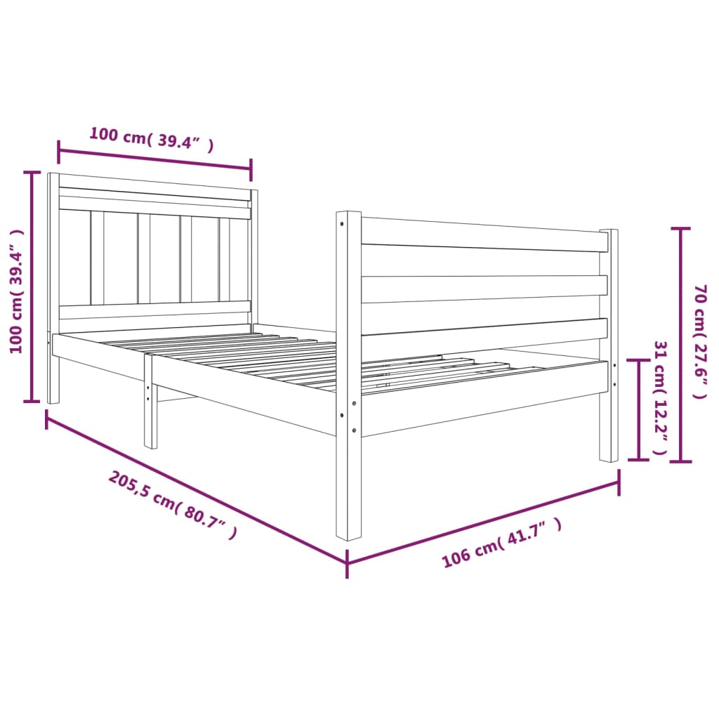 Рамка за легло, бяла, бор масив, 100x200 см