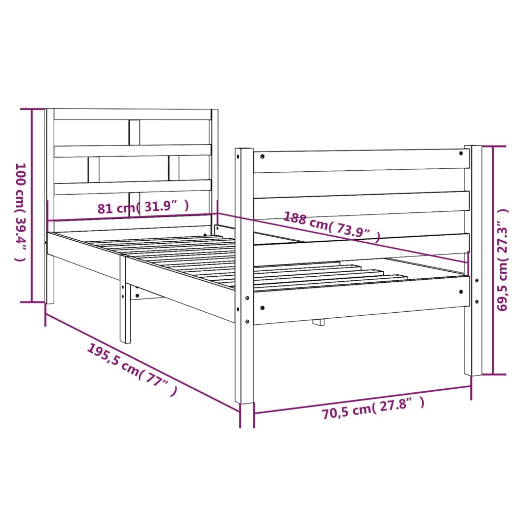 Рамка за легло, бор масив, 75x190 см, 2FT6 Small single