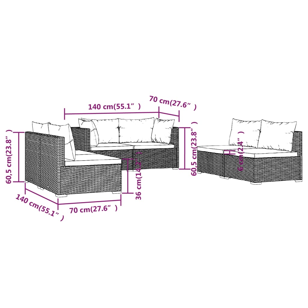 Градински лаундж комплект с възглавници 6 части черен полиратан