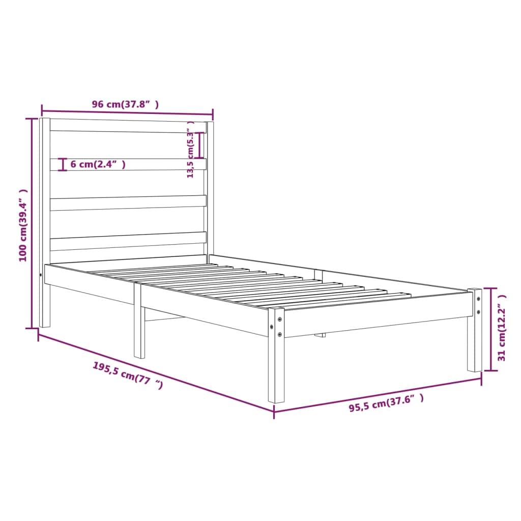 Рамка за легло, черна, дърво масив, 90x190 см, 3FT Single