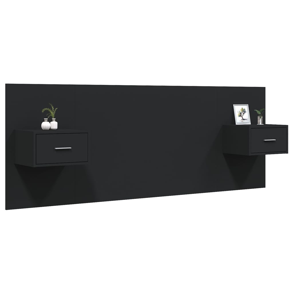 Горна табла за легло с шкафчета, черна, инженерно дърво