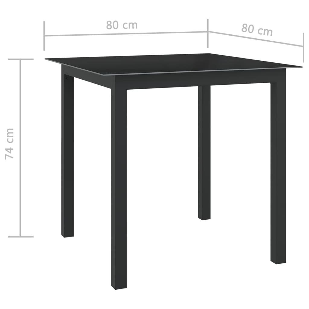 Градинска маса, черна, 80x80x74 см, алуминий и стъкло