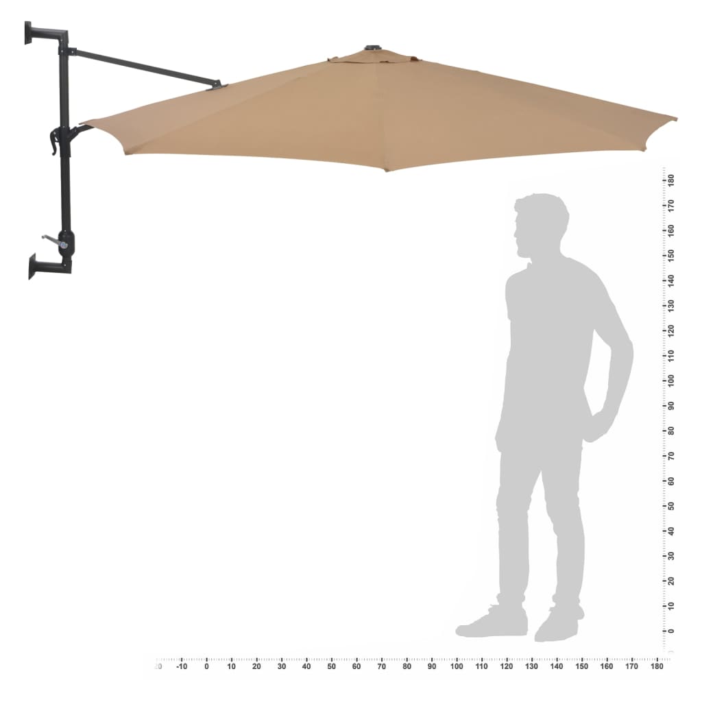 Чадър за монтаж на стена с LED и метален прът, 300 см, таупе