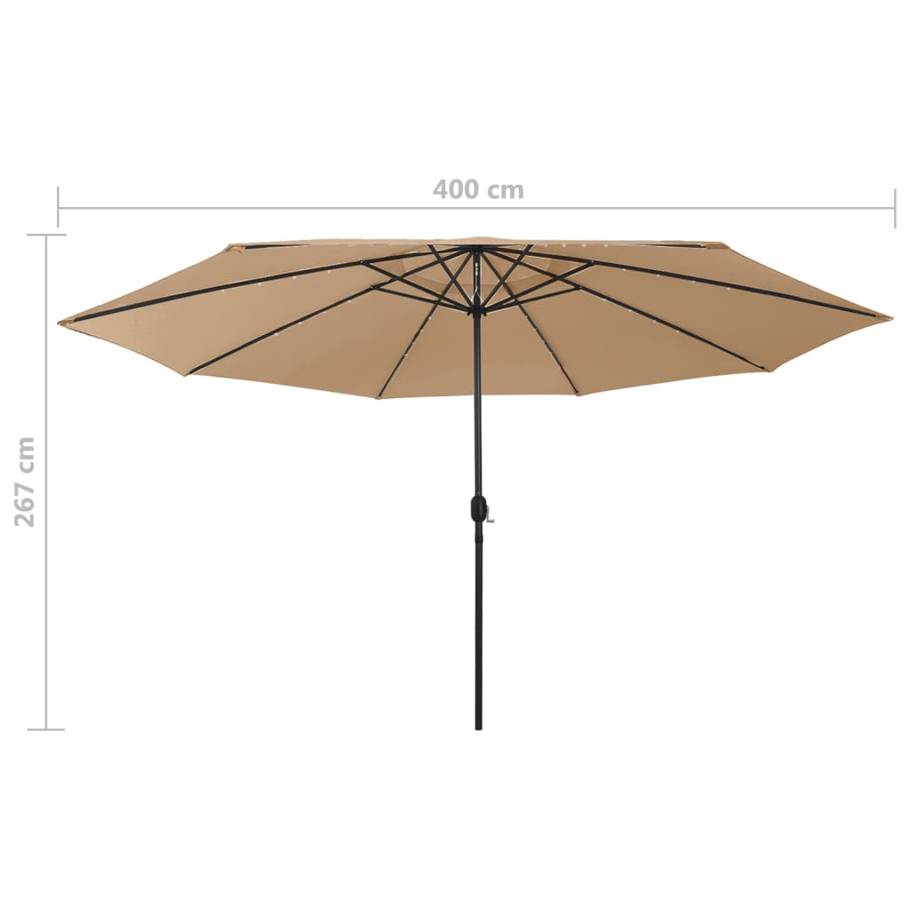 Градински чадър с LED лампички и метален прът, 400 см, таупе