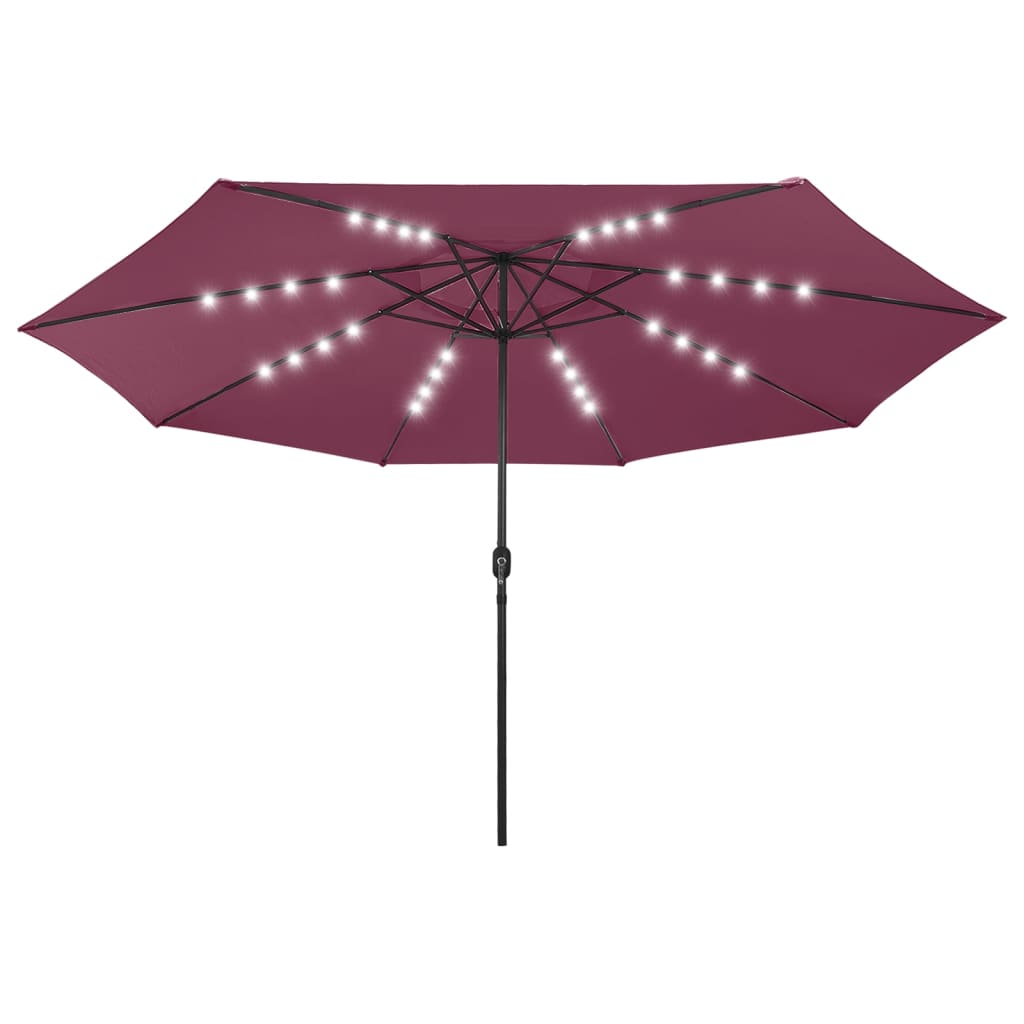 Градински чадър с LED лампички и метален прът, 400 см, бордо