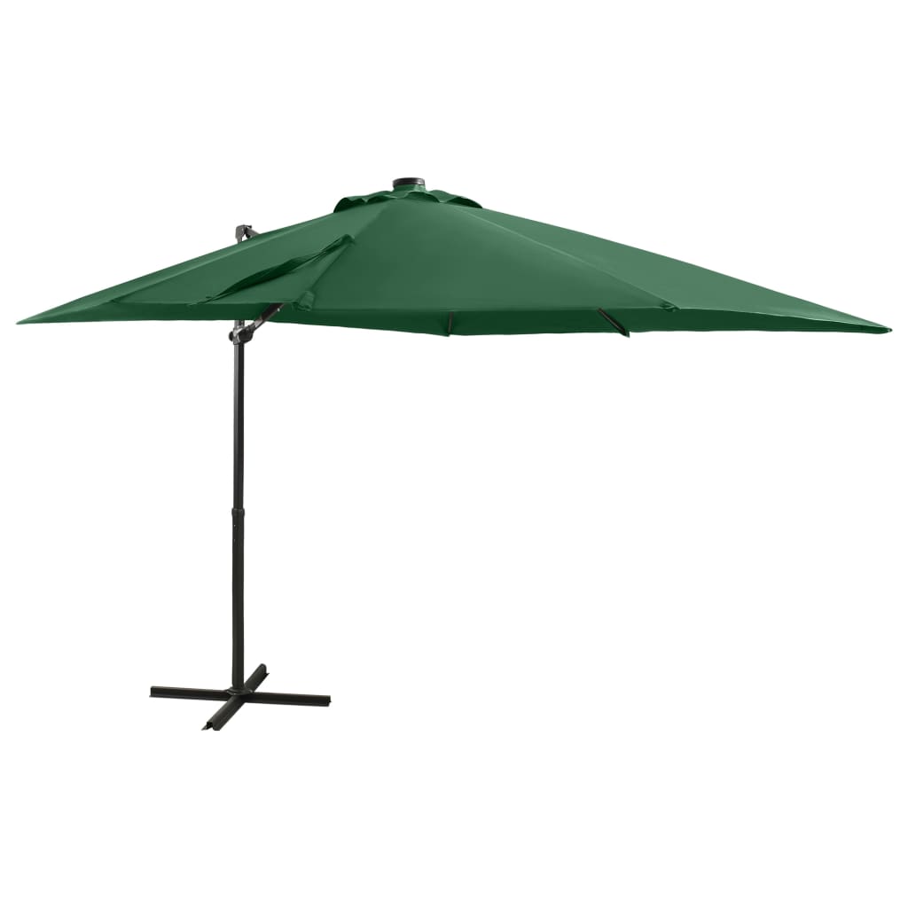 Чадър с чупещо рамо, прът и LED лампи, зелен, 250 см
