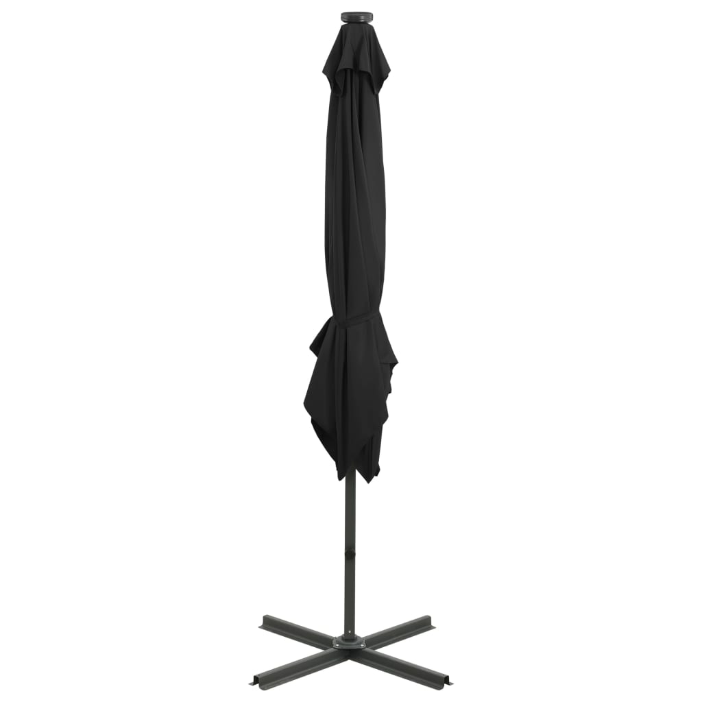 Чадър с чупещо рамо, прът и LED лампи, черен, 250 см