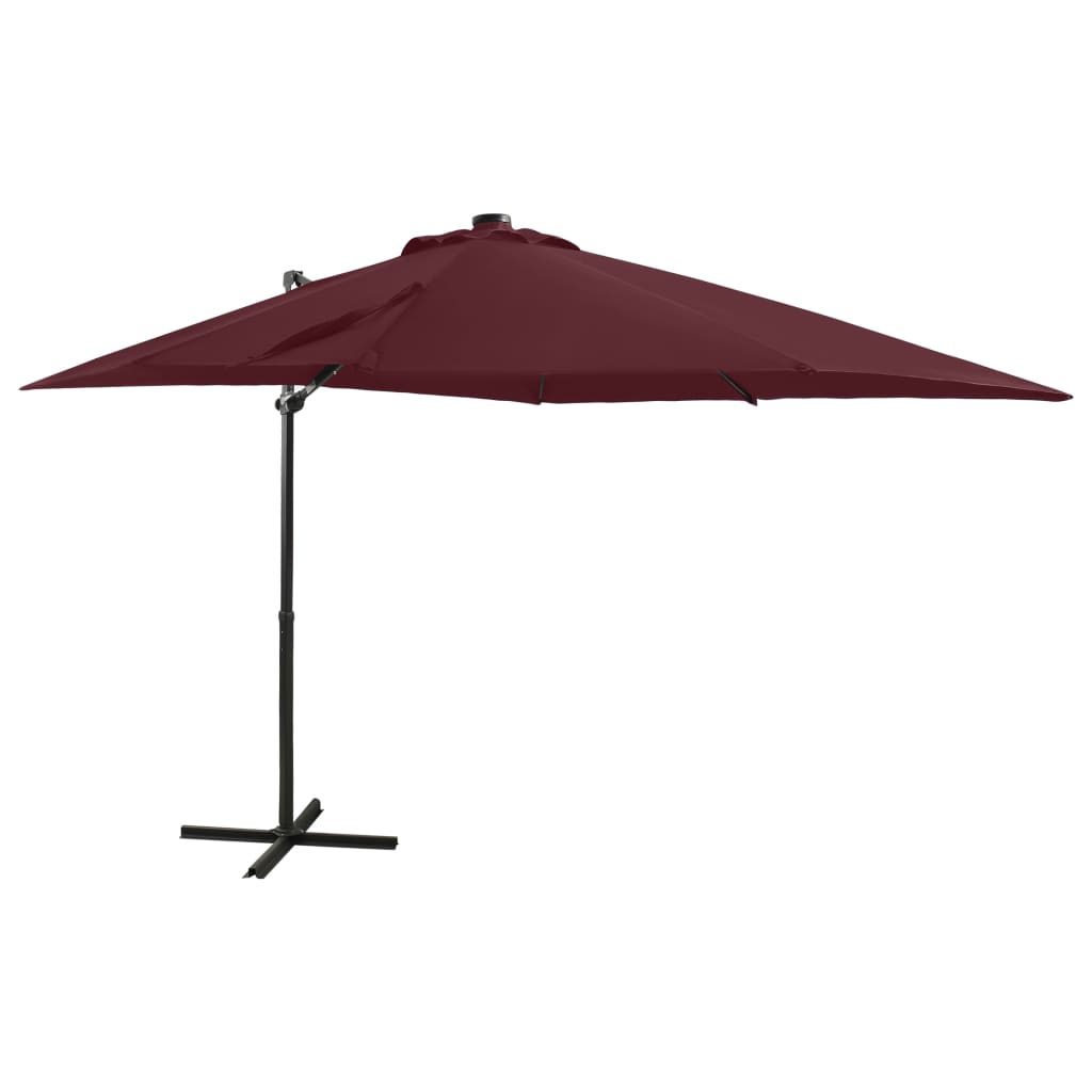 Чадър с чупещо рамо, прът и LED лампи, бордо червено, 250 см