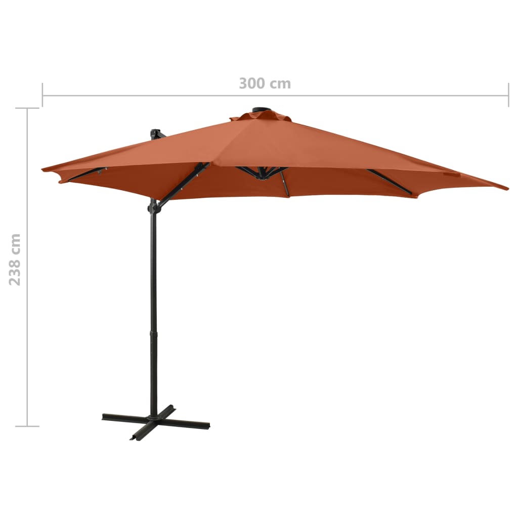 Чадър с чупещо рамо, прът и LED лампи, теракота, 300 см