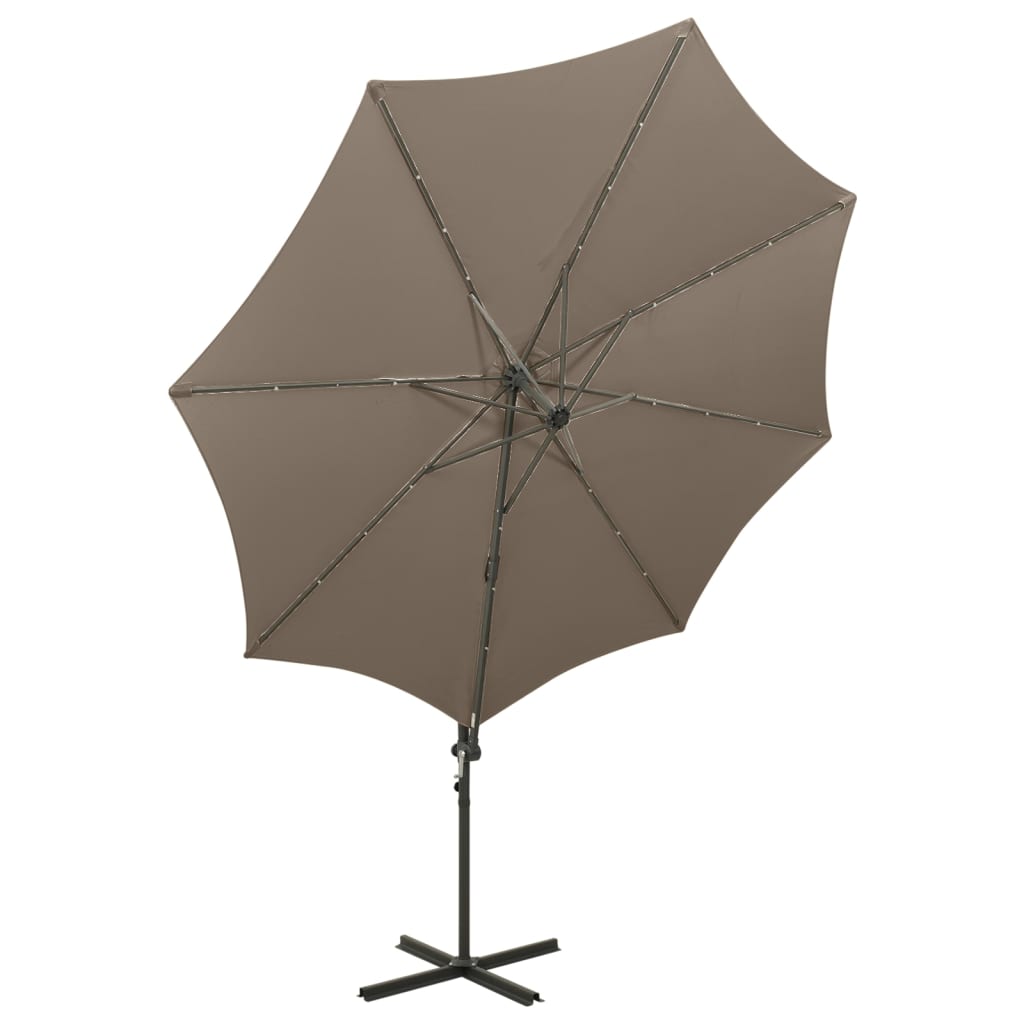 Чадър с чупещо рамо, прът и LED лампи, таупе, 300 см