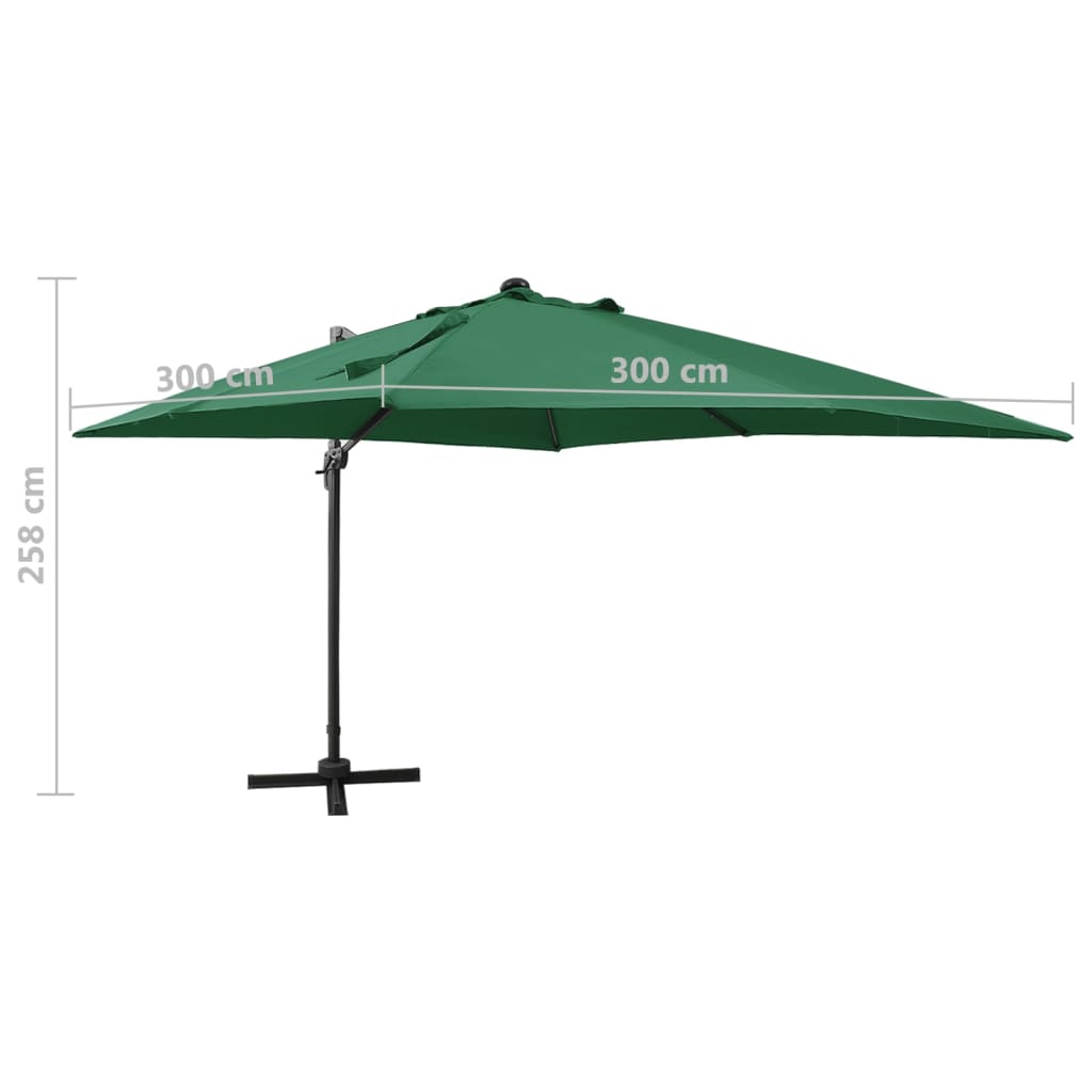 Чадър с чупещо рамо, прът и LED лампи, зелен, 300 см