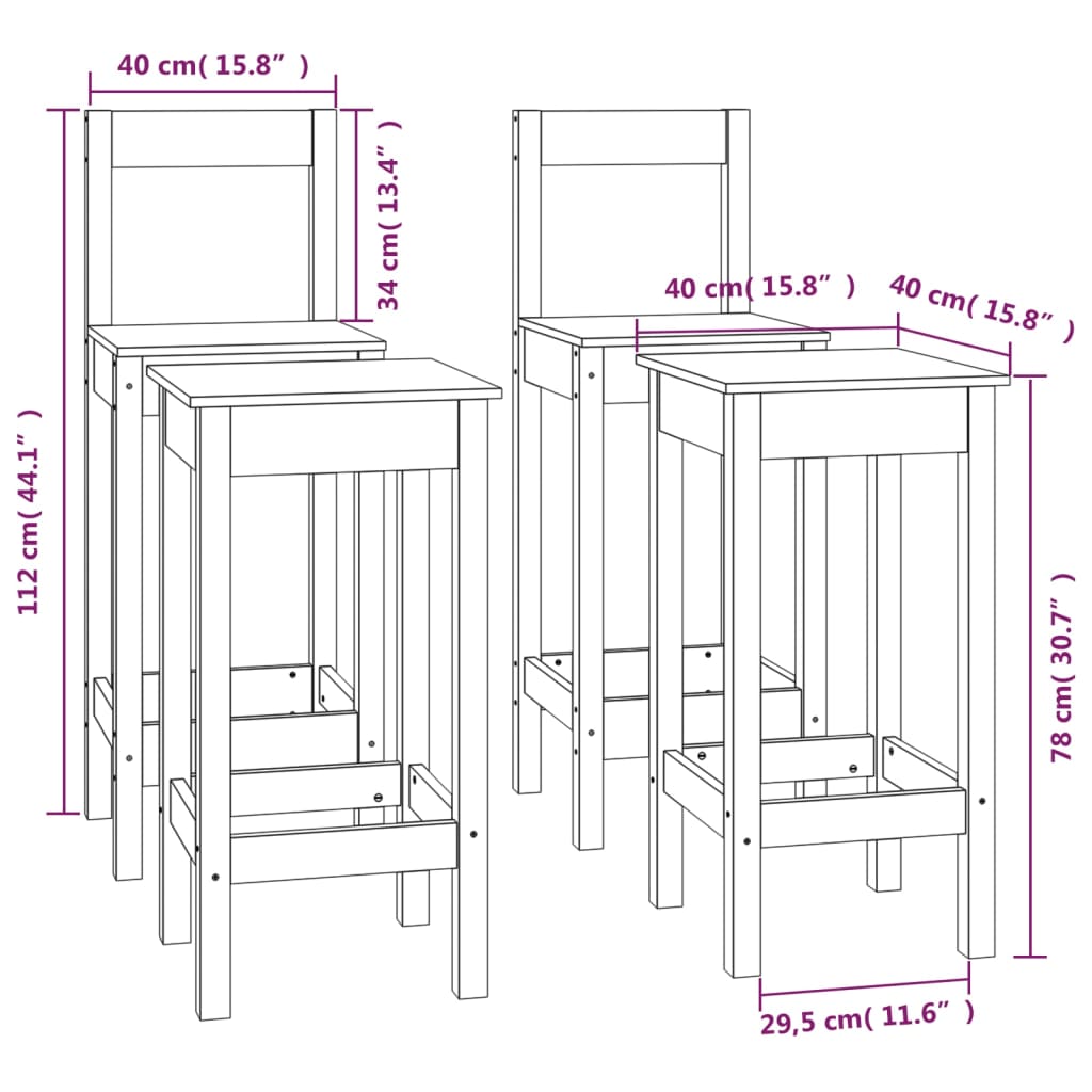 Комплект бар столове от 4 части, бял, масивна борова дървесина