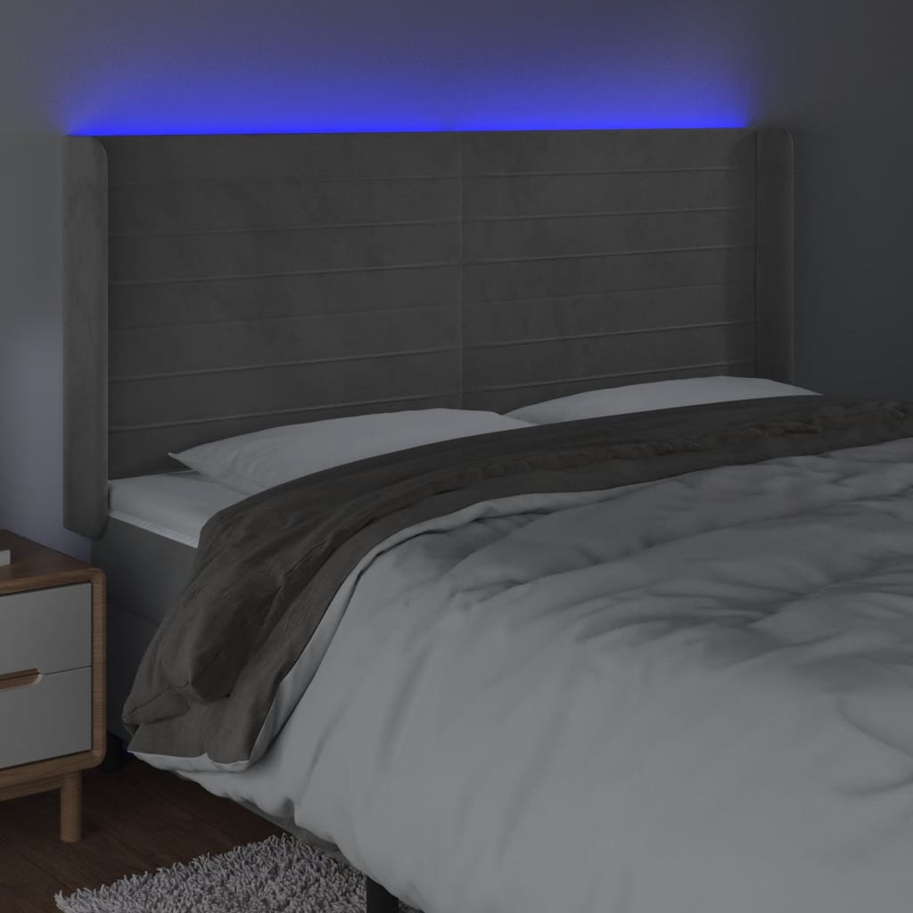 LED горна табла за легло, светлосива, 183x16x118/128 см, кадифе