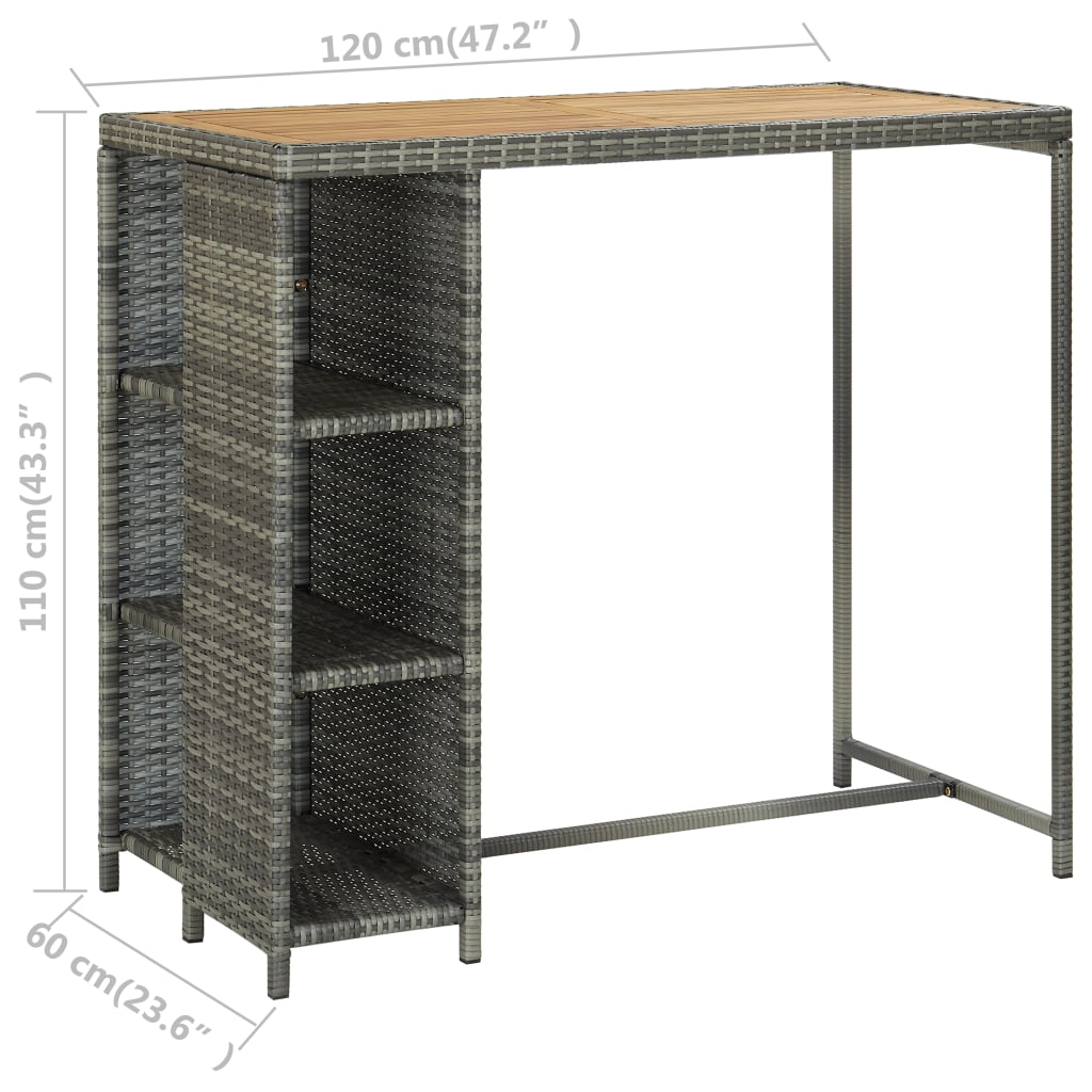 Бар маса с шкаф за съхранение, сива, 120x60x110 см, полиратан