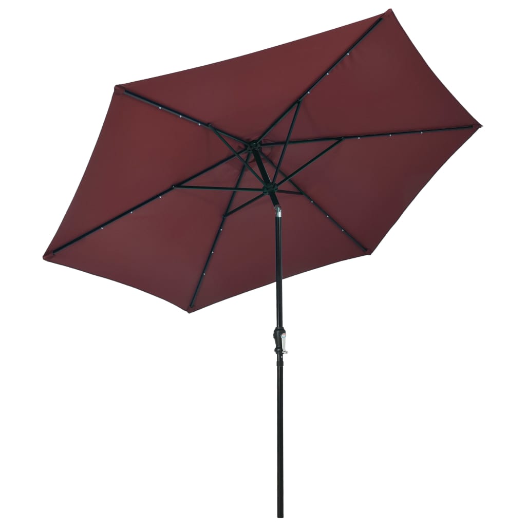Градински чадър с LED лампички и стоманен прът, 300 см, бордо
