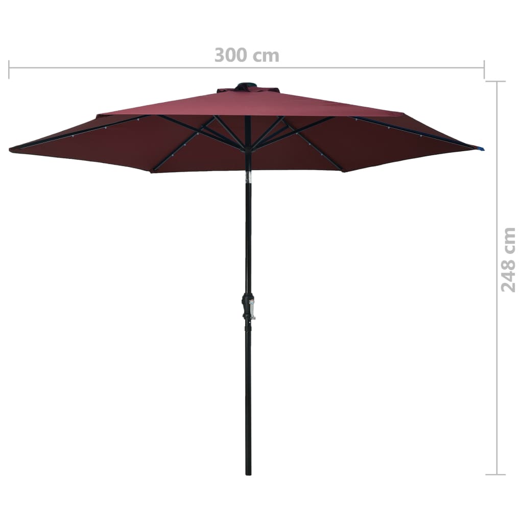 Градински чадър с LED лампички и стоманен прът, 300 см, бордо