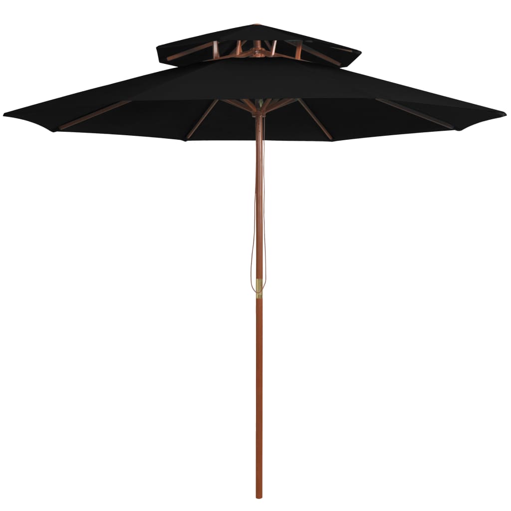Чадър с двоен покрив и дървен прът, черен, 270 см