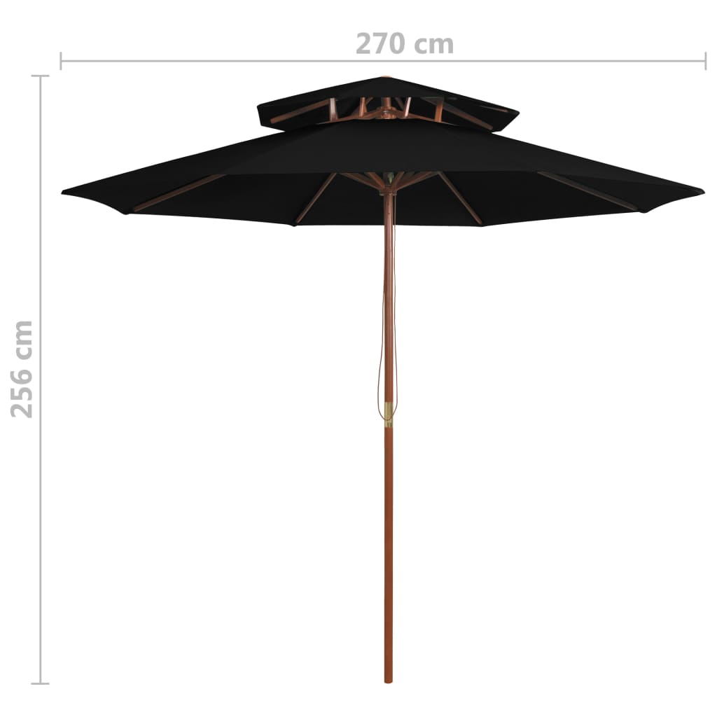 Чадър с двоен покрив и дървен прът, черен, 270 см
