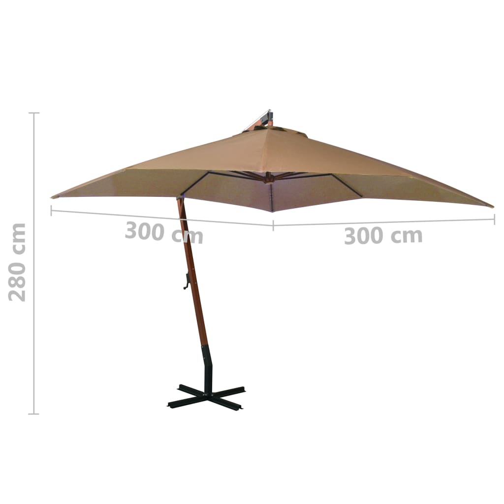 Висящ чадър с прът, таупе, 3x3 м, чамово дърво масив