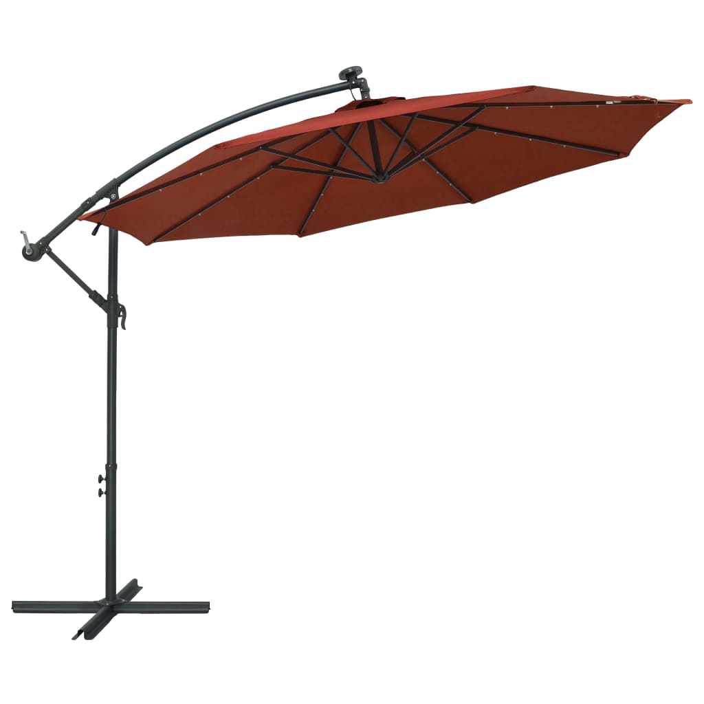 Чадър с чупещо рамо LED лампи и стоманен прът 350 см теракота