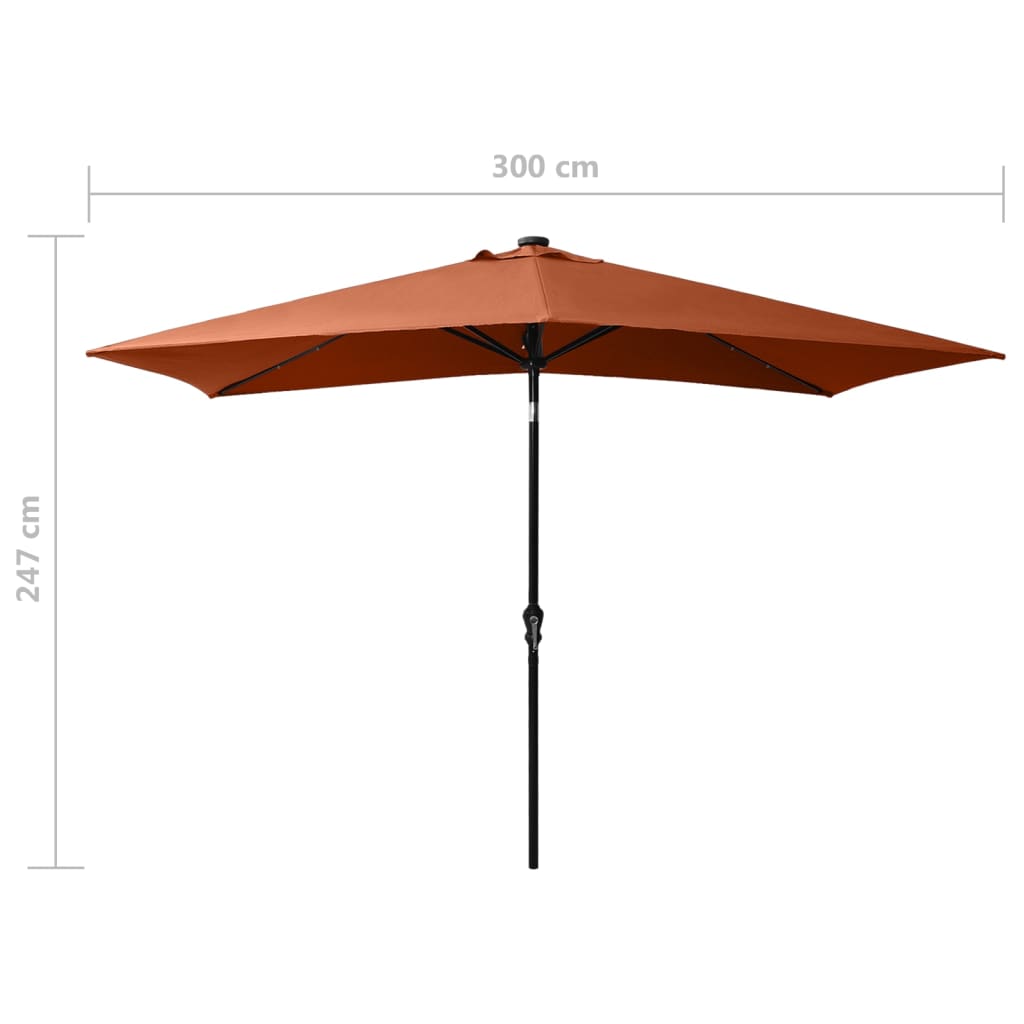 Чадър с LED и стоманен прът, теракота, 2x3 м