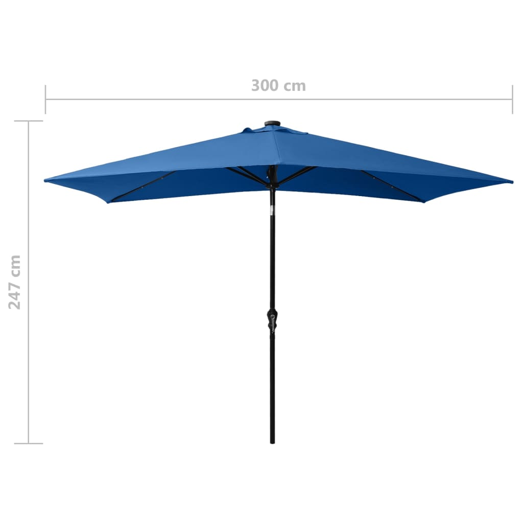 Чадър с LED и стоманен прът, лазурносин, 2x3 м