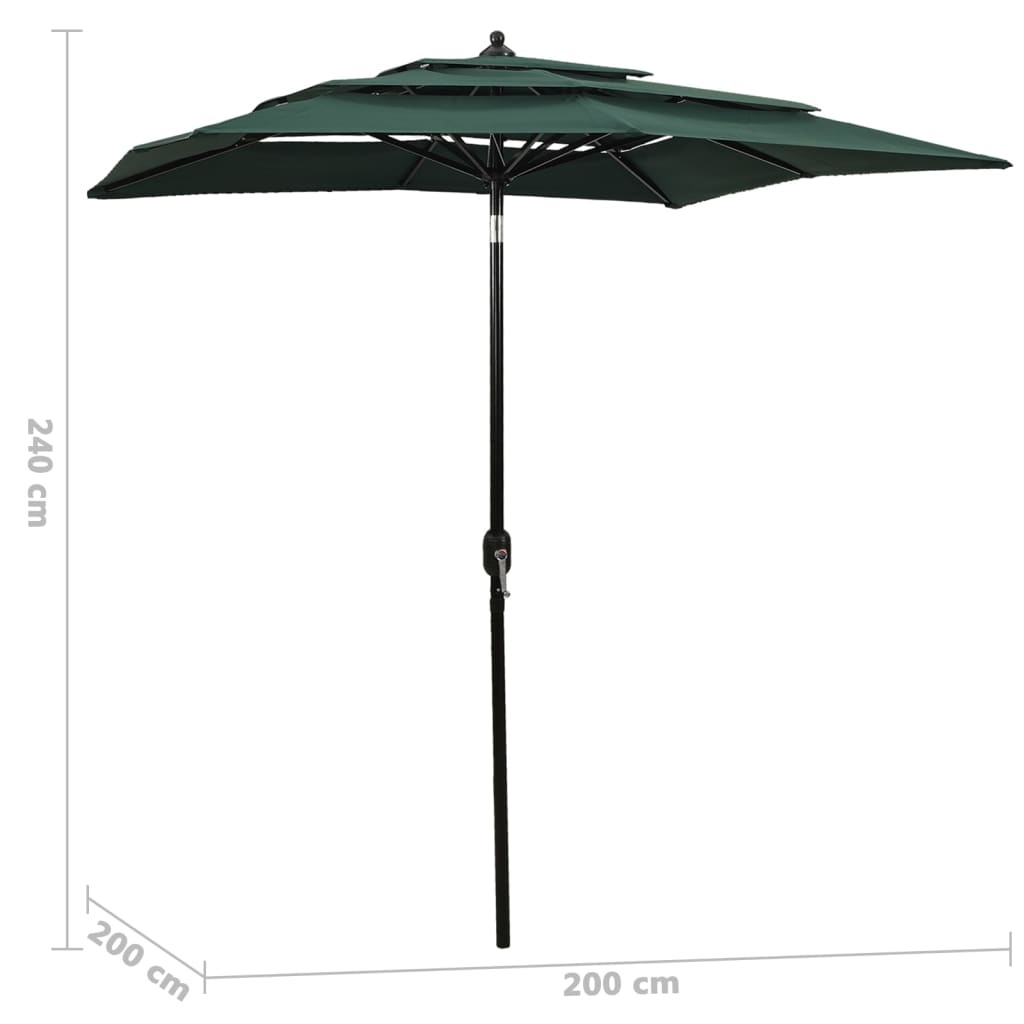 Градински чадър на 3 нива с алуминиев прът, зелен, 2x2 м