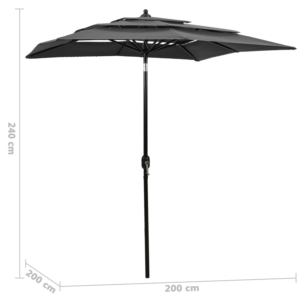 Градински чадър на 3 нива с алуминиев прът, антрацит, 2x2 м