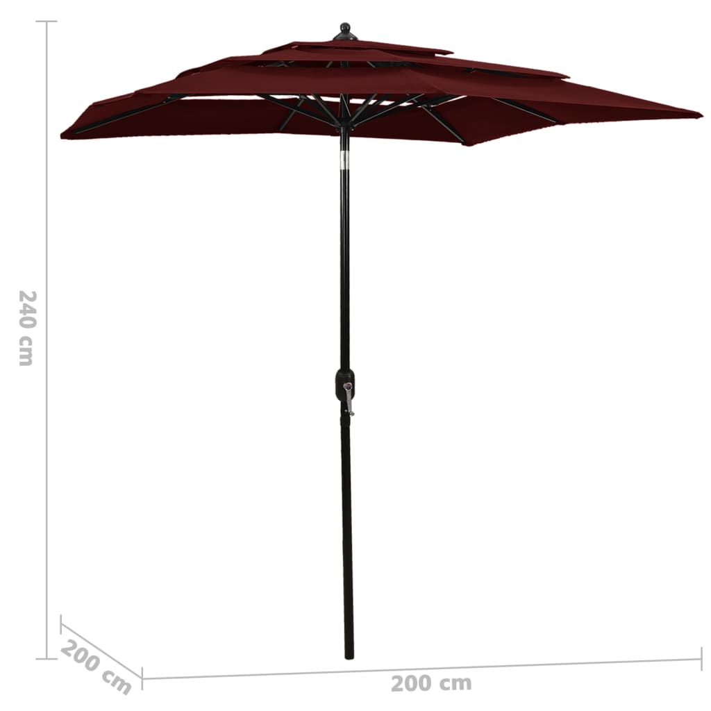 Градински чадър на 3 нива с алуминиев прът, бордо червен, 2x2 м