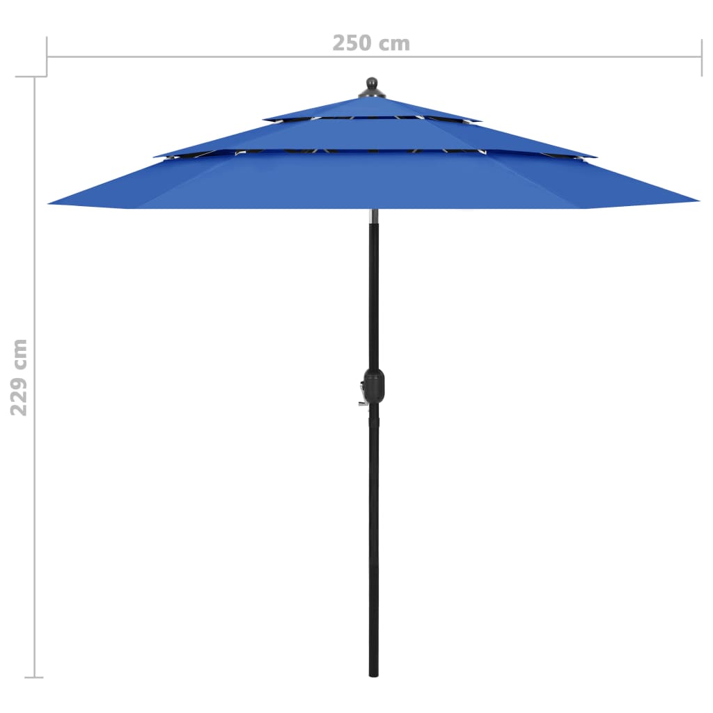 Градински чадър на 3 нива с алуминиев прът, лазурносин, 2,5 м