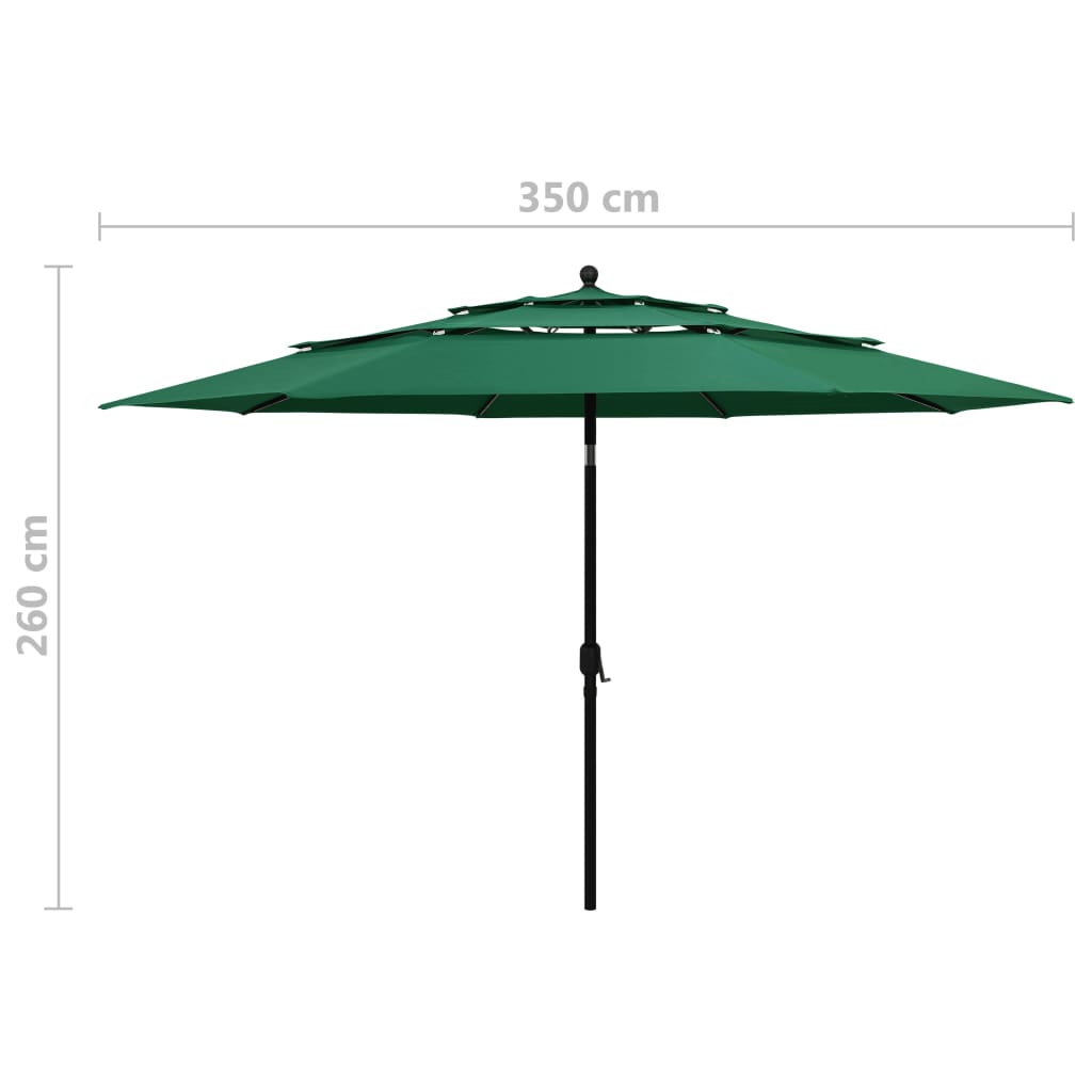 Градински чадър на 3 нива с алуминиев прът, зелен, 3,5 м